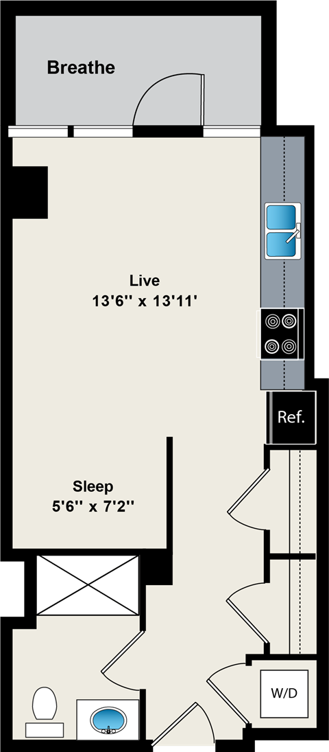 A floor plan of a living space with a sleeping area and a living area.